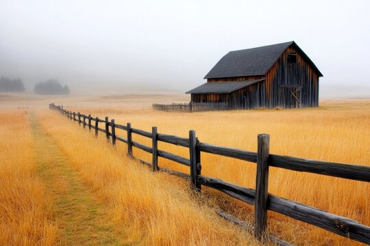 Rustic Barn in Misty Autumn Field with Wooden Fence - Powered by Adobe