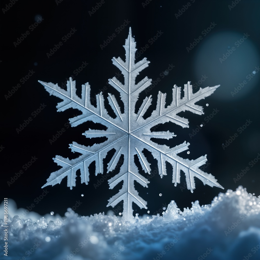 Poster detailed macro view of intricate frozen snowflake. beautiful ice crystal structure. dark background.