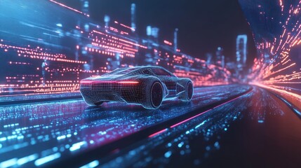 A futuristic car driving on a digital highway with neon lights and a glowing city skyline in the background.