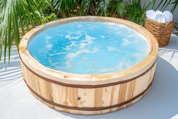 Tranquil outdoor wooden hot tub by lush greenery with clean towels