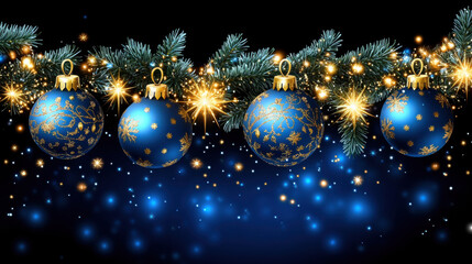 Obraz premium Beautiful blue Christmas ornaments hang from festive pine branch, surrounded by sparkling lights and dark background, creating joyful holiday atmosphere