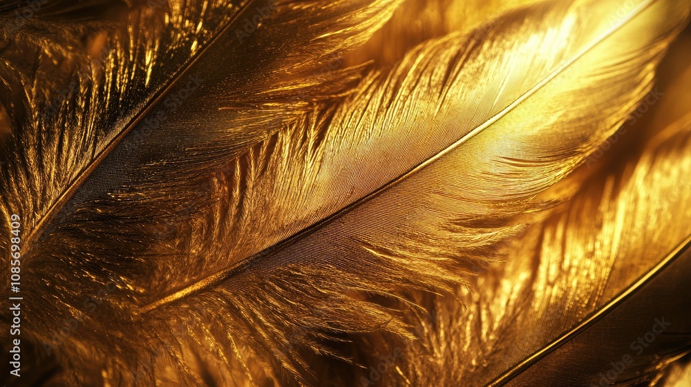Poster close-up of shimmering gold feather texture with intricate details, capturing light and reflecting v