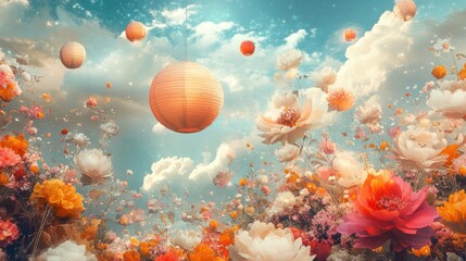 A whimsical and surreal scene of a vibrant floral field with floating lanterns against a blue sky.