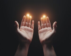 Hands reaching upward with light around fingertips