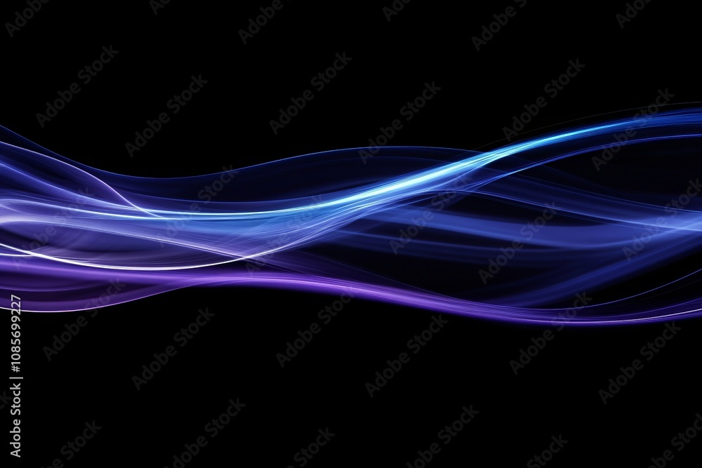Poster 3d neon purple and violet flowing neon light rays waves and lines on black background. digital data 