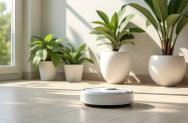 Obraz premium Houseplants, Cleanliness, Coziness, Eco-friendliness, Order, Household Chores, Robot Vacuum Cleaning Light Floor in Home Interior