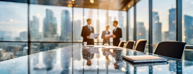Executive boardroom with large glass windows, showcasing an urban skyline in the background as people in suits engage in discussions around a table