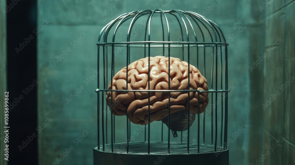 Aufkleber a brain enclosed in a metallic cage, illustrating mental limitations and the inability to think beyo