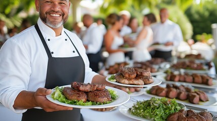 Chef presenting grilled steak plates at outdoor wedding reception
