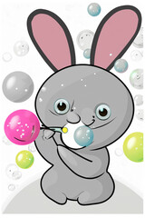 Cute rabbit playing with bubbles