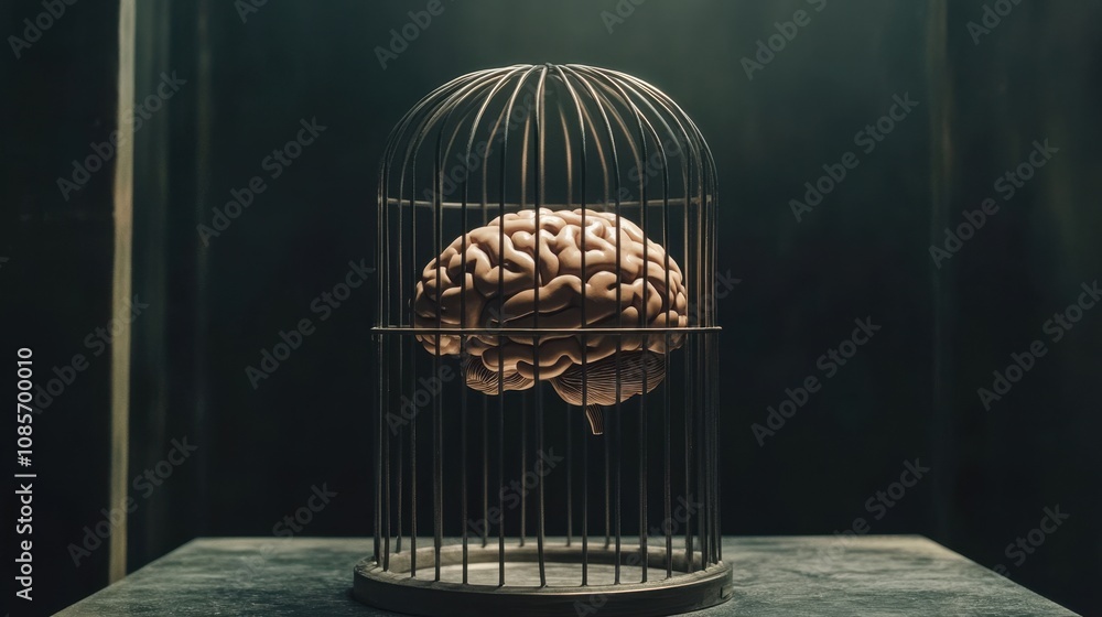 Poster a brain enclosed in a metallic cage, illustrating mental limitations and the inability to think beyo