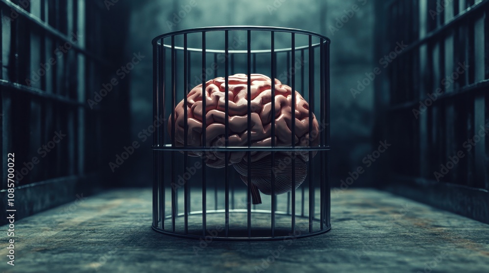 Poster a brain trapped in a strong metal cage, visualizing the inability to expand beyond set boundaries an