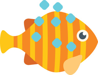 Simple cartoon style icon of a yellow and orange fish swimming in aquarium water with bubbles