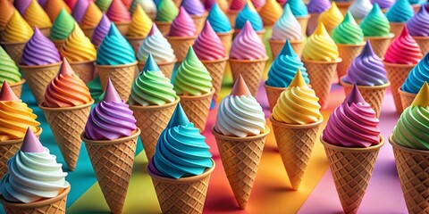Obraz premium Rainbow Ice Cream Cones, 3D, Colorful, Ice cream, Dessert