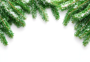 Pine Tree Branches with Fresh Snow Covering the Tips on a Clean White Background, Perfect for Seasonal and Holiday-Themed Designs and Greetings