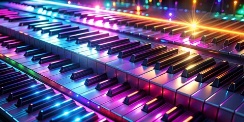 Neon Piano Keys Closeup Synthwave Vibes, 3D Render, Digital Art, Synthwave, Piano, Music