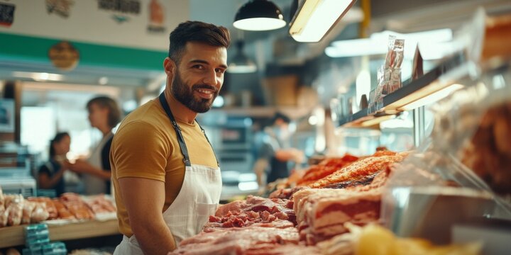 A cheerful butcher stands behind a vibrant display of fresh meats. The shop exudes a warm and inviting atmosphere. Perfect for food lovers and culinary enthusiasts. AI