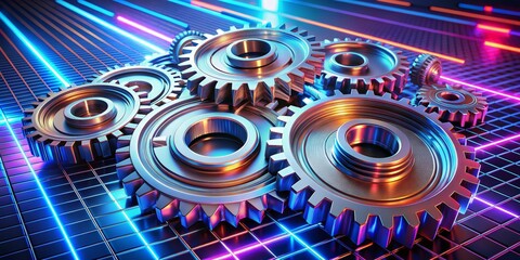 Neon Gears in Motion, 3D Rendered, Metallic, Gear, Mechanism, Technology, Cyberpunk