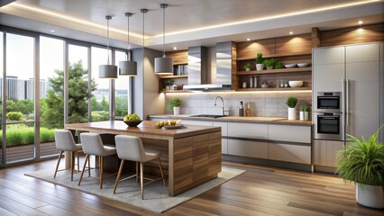 Fototapeta premium Modern Kitchen Interior with Wooden Island and City View, Interior Design, Kitchen Island, Cityscape