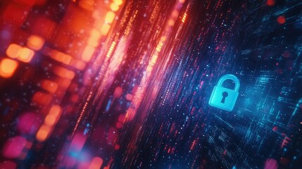 Obraz premium Abstract representation of digital security with a glowing padlock against a vibrant backdrop of colorful data streams and binary code for technology and privacy concepts