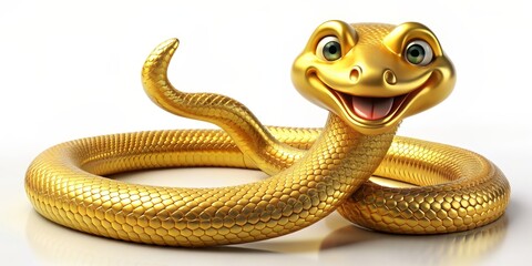 Fototapeta premium Golden Snake with a Friendly Smile, 3D Render, Digital Art, White Background, Snake, Reptile, Gold