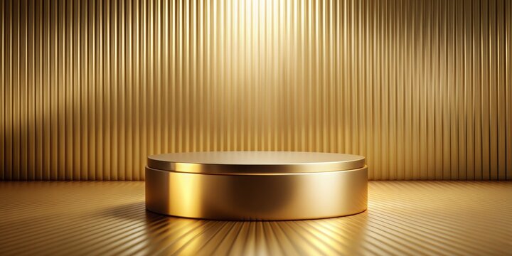 Golden Podium on Striped Background, 3D Render, Mockup, Product Display, Gold, Minimal, Luxury