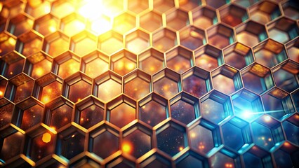Golden Hexagonal Grid with Cosmic Reflections, 3D Illustration, Abstract Background, Hexagon Pattern, Geometric Design, Honeycomb Structure, Science Fiction