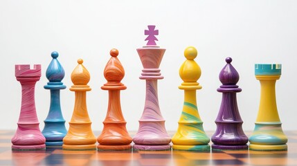 Colorful Artistic Chess Pieces in Vibrant Hues Displayed on a Checkerboard Background, Perfectly Arranged to Showcase Unique Design and Creativity