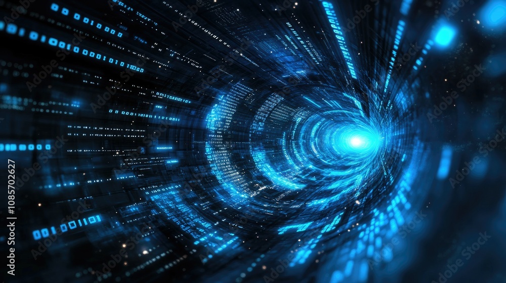 Aufkleber abstract concept of digital tunnel with glowing blue light, data flowing in a futuristic environment