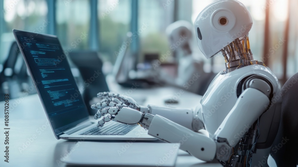 Poster ai-powered chatbot on screen assisting with new hire onboarding, symbolizing the integration of mach
