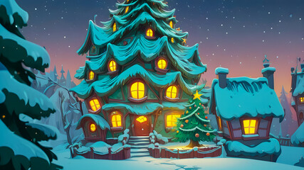 fairytale old mystical house in snowy forest on Christmas and New Year's Eve