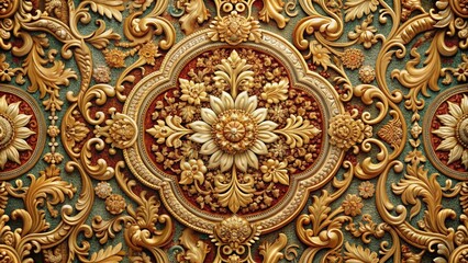 Gilded Floral Rococo Design - Intricate Gold Carving on a Green Background, Rococo, Baroque, Ornate