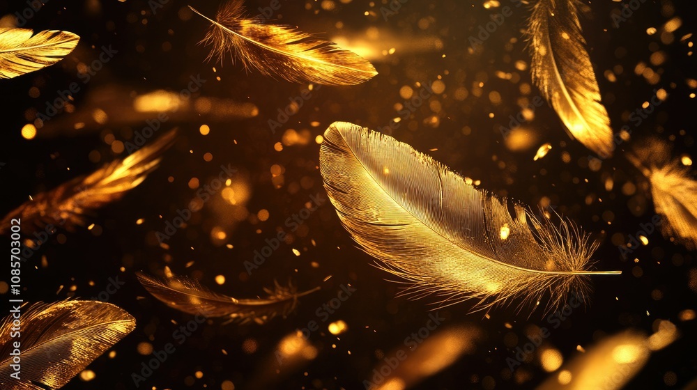 Poster golden feathers floating elegantly through sparkling particles in a dark background for use in artis