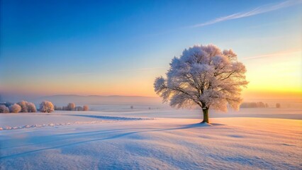 Serene Winter Landscape A lone frost-covered tree stands in a snow-covered field at sunrise