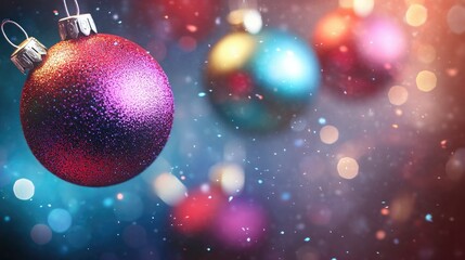 Obraz premium Colorful Christmas Ornaments Hanging with Soft Bokeh Background in Vibrant Holiday Colors Creating a Magical Festive Atmosphere