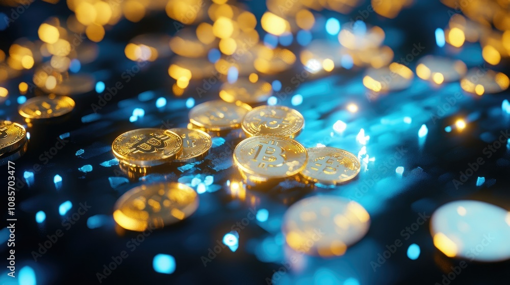 Poster eloquent display of shimmering bitcoin coins on a dark surface surrounded by dazzling blue lights cr