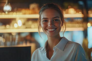 A young woman smiles brightly while working behind a stylish bar in the evening, showcasing a welcoming atmosphere and friendly service