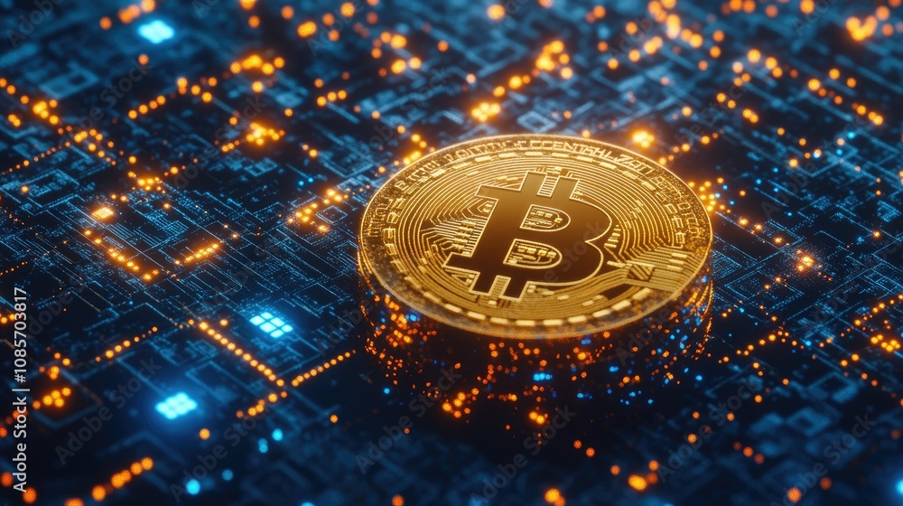 Poster digital representation of a bitcoin coin resting on a high-tech circuit board, symbolizing the evolv
