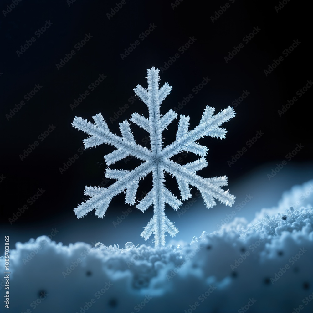 Poster detailed macro photo of delicate snowflake on dark background. snowflake sits in snow. amazing detai