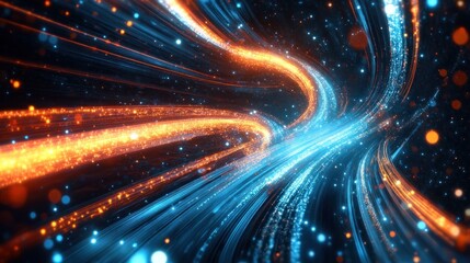 Abstract glowing light streaks and particles forming a futuristic tunnel.