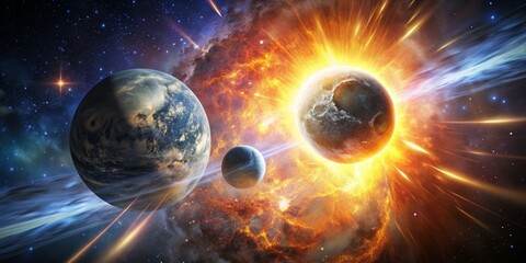 Fototapeta premium Cosmic Collision A fiery explosion engulfs a planet, leaving a trail of debris in its wake. ,planet collision ,space explosion ,cosmic event