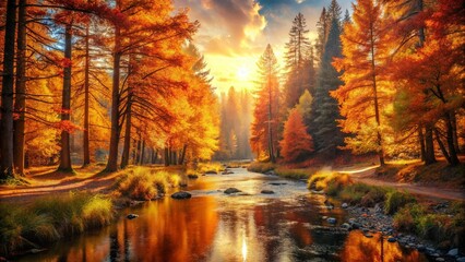 Obraz premium Golden Autumn River Scene Tranquil Water Reflecting Sunset Through Vibrant Fall Foliage