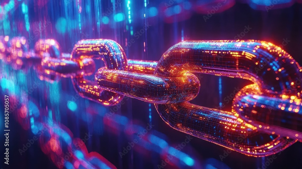 Poster a captivating close-up of a futuristic chain link representing blockchain technology with vibrant ne