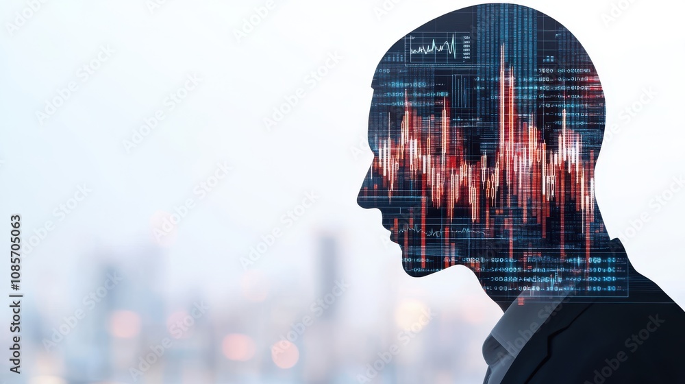 Poster double exposure silhouette of a man with digital data overlay in a business context.