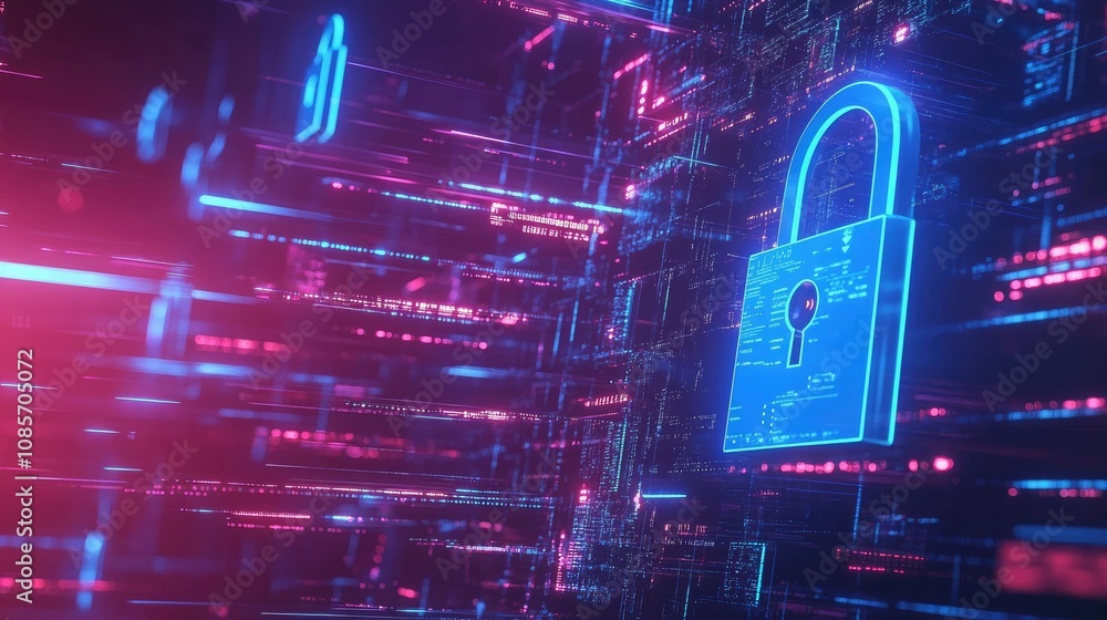 Poster futuristic digital lock on a cyber background with neon lights illustrating concepts of data protect