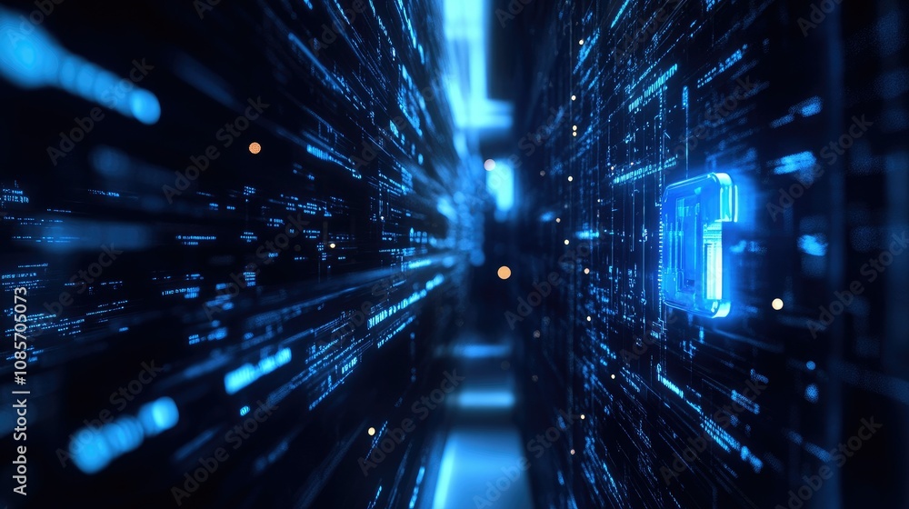Poster futuristic digital tunnel with glowing blue data streams and abstract lines, representing advanced t