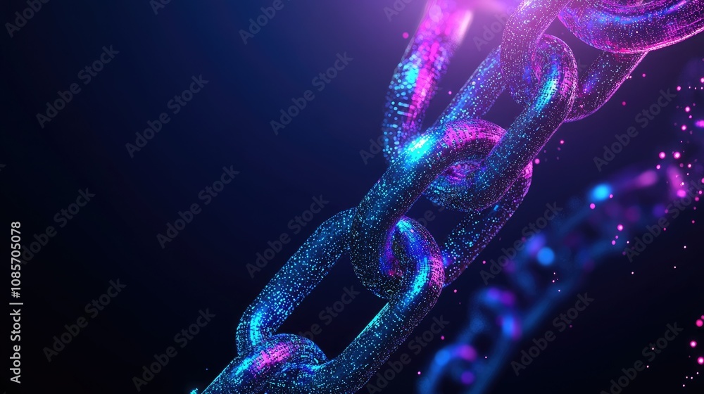 Poster colorful digital chain with sparkles and light effects, representing connectivity, security, and net