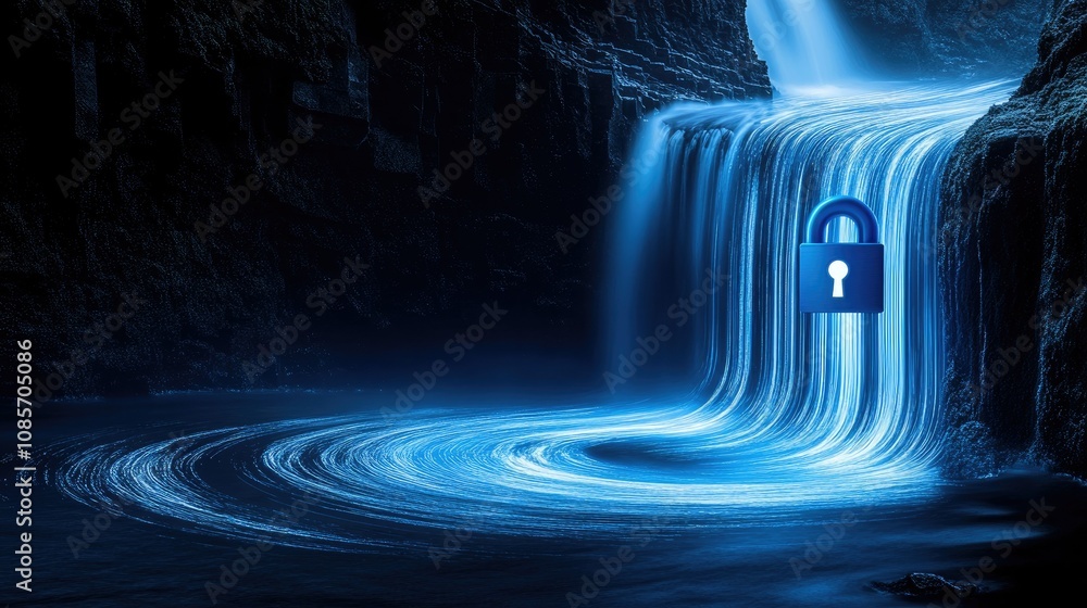 Poster serene waterfall with a digital lock symbolizing data protection and security in a tranquil nature e