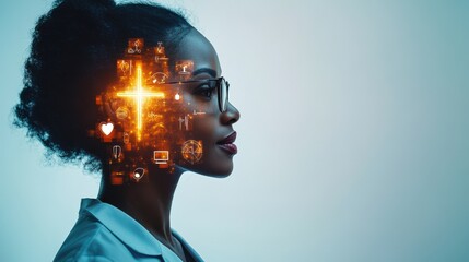 Double exposure Profile of a woman with a creative, illuminated overlay of thoughts.