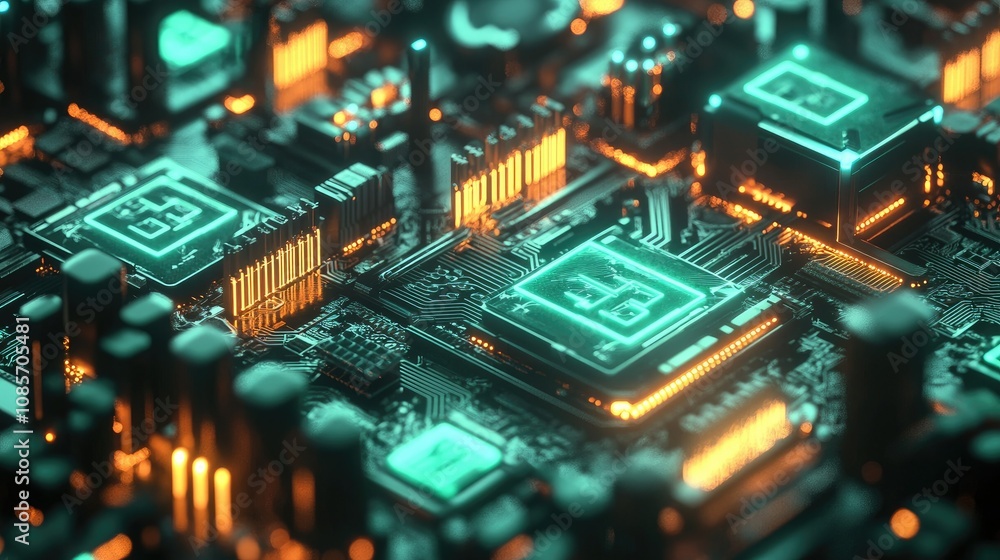 Poster abstract close-up of a futuristic circuit board with neon lights, microchips, and complex patterns i